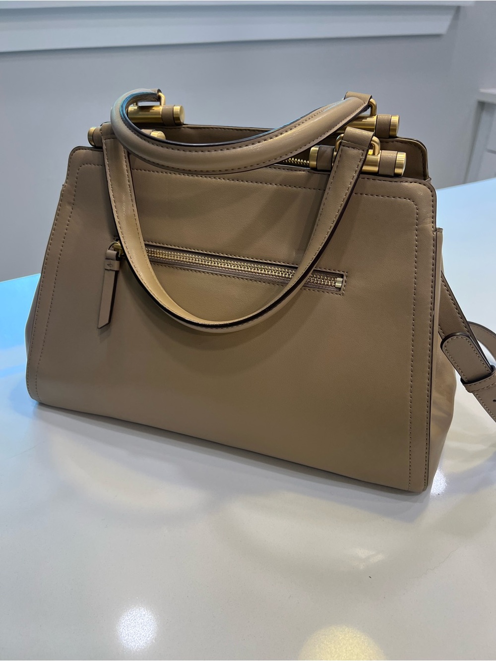 Donna Karan Taupe Structured Satchel with Gold Hardware